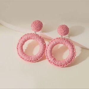 Round Pink Rattan Woven Earrings Barbiecore Lightweight Hoops Statement Dangle